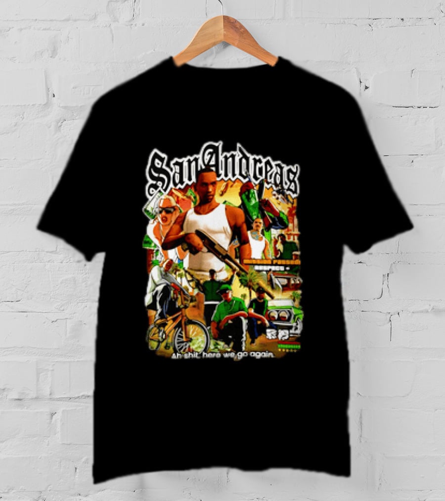 San Andreas Ah Shit Here We Go Again Classic Character Collage T-Shirt