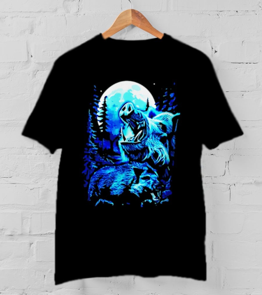 Wild Boar Howling At The Moon Under Mystical Forest Night Sky T-Shirt