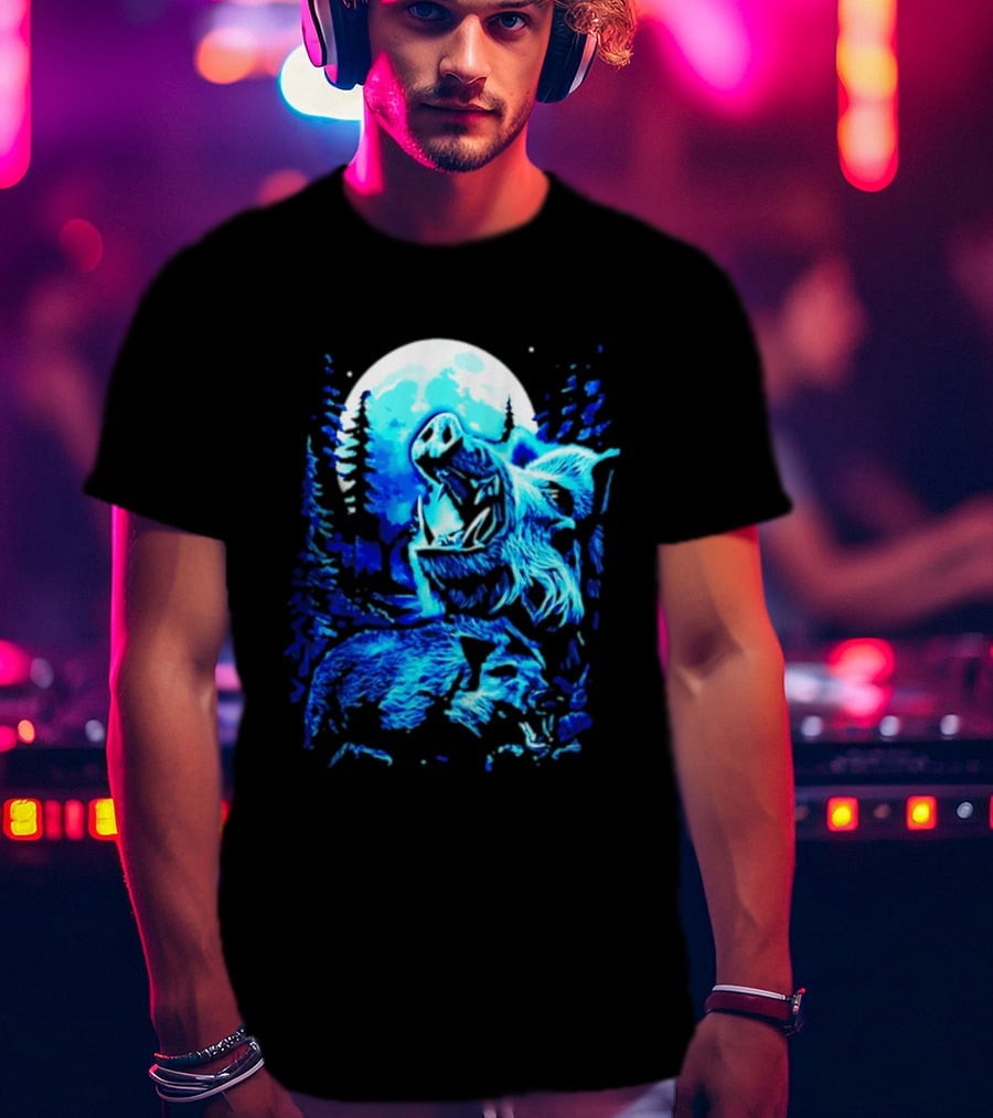 Wild Boar Howling At The Moon Under Mystical Forest Night Sky T-Shirt