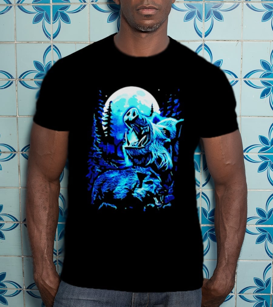 Wild Boar Howling At The Moon Under Mystical Forest Night Sky T-Shirt