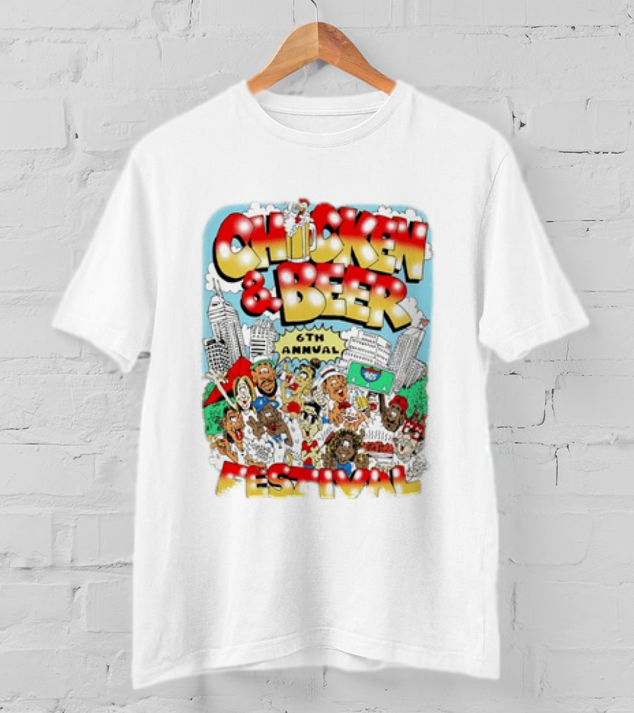6th Annual Chicken & Beer Festival Indianapolis Cartoon Cityscape Crowd Fun T-Shirt