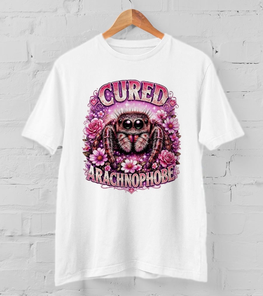 Cured Arachnophobe Jumping Spider Floral Hearts And Flowers T-Shirt