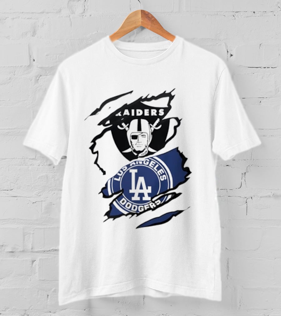 Raiders Los Angeles Dodgers Ripped Effect NFL MLB Crossover Fan Gear T-Shirt