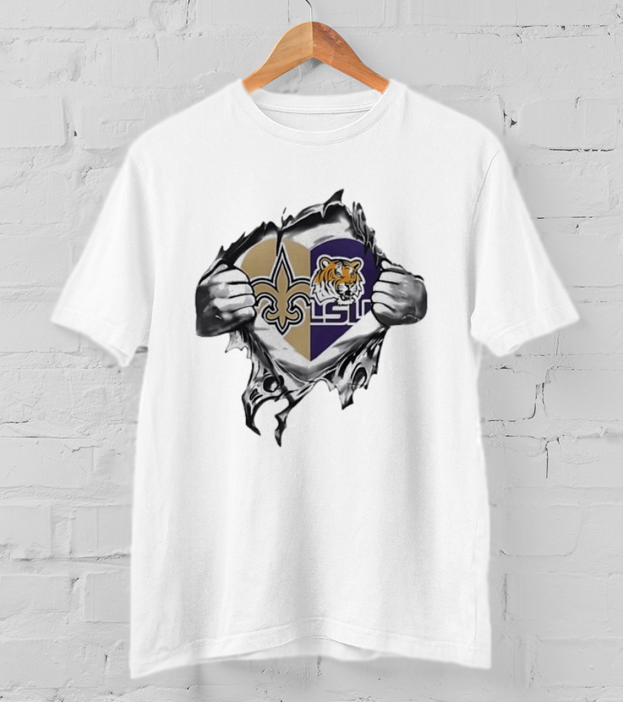 New Orleans Saints LSU Tigers Heart Hands Tearing Fleur De Lis Tiger Head T-Shirt