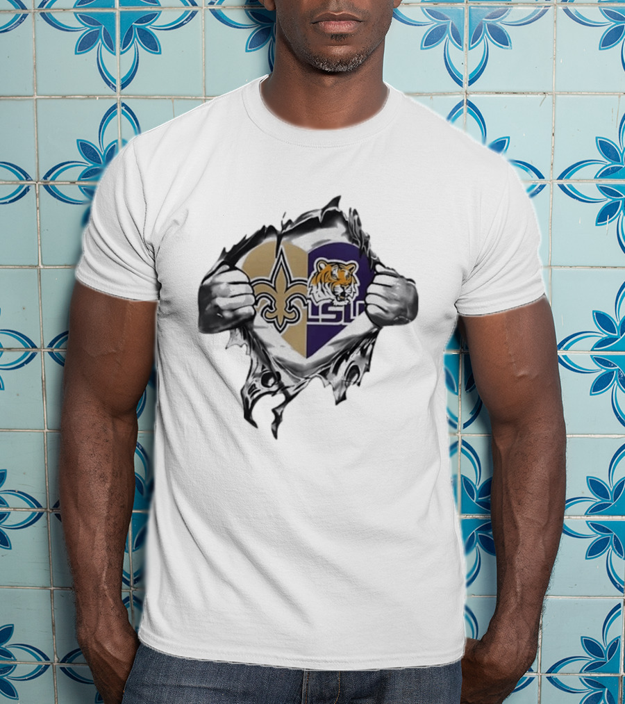 New Orleans Saints LSU Tigers Heart Hands Tearing Fleur De Lis Tiger Head T-Shirt