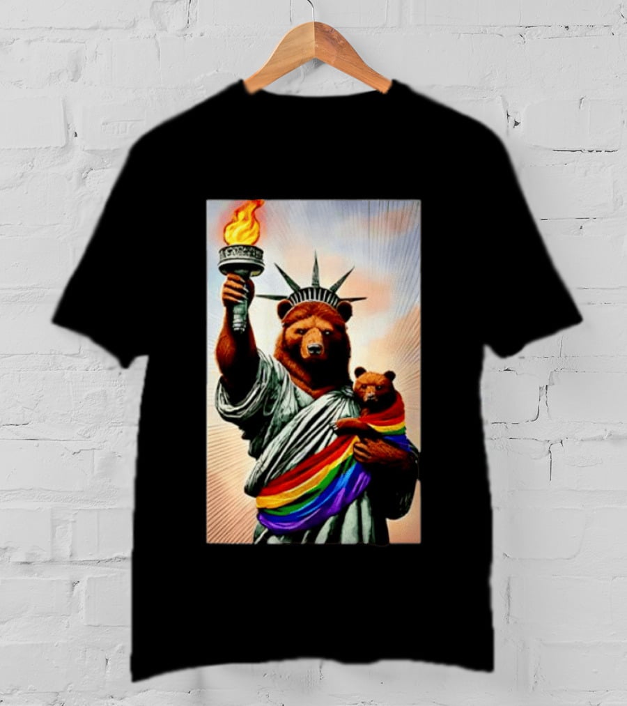 Bear Statues Liberty Rainbow Pride Torch T-Shirt