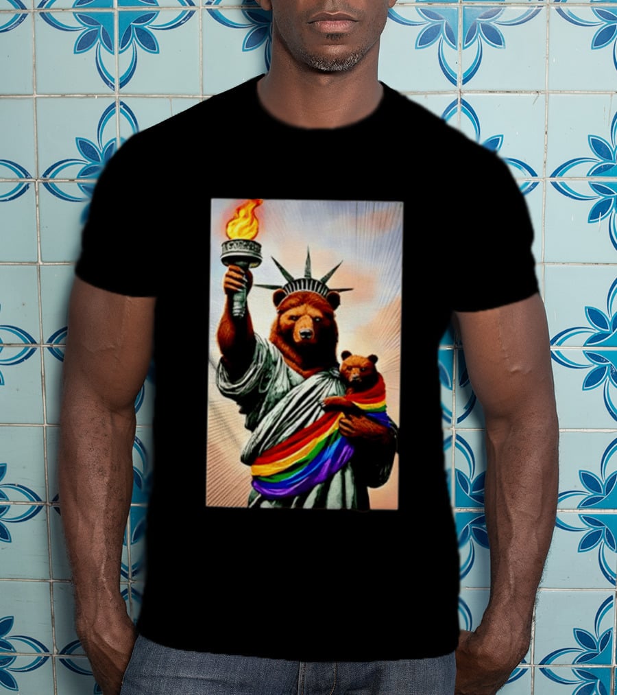 Bear Statues Liberty Rainbow Pride Torch T-Shirt