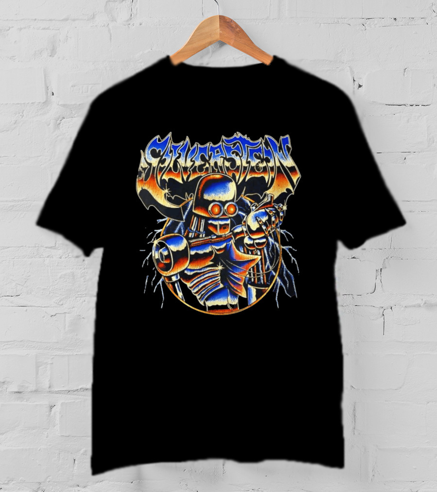 Sykastem Heavy Metal Skeleton Cyborg Holding Heart T-Shirt