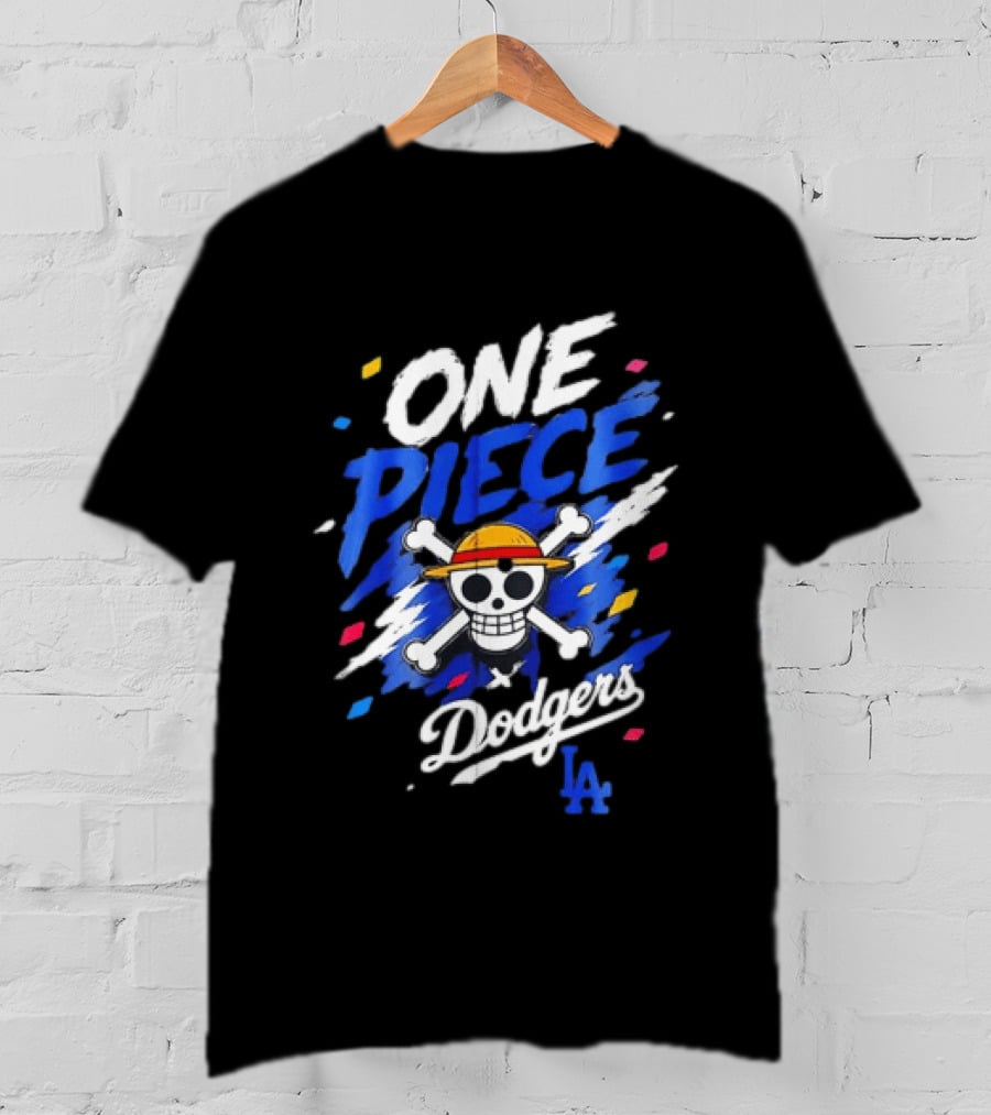 One Piece Dodgers LA Crossover With Jolly Roger And Straw Hat T-Shirt