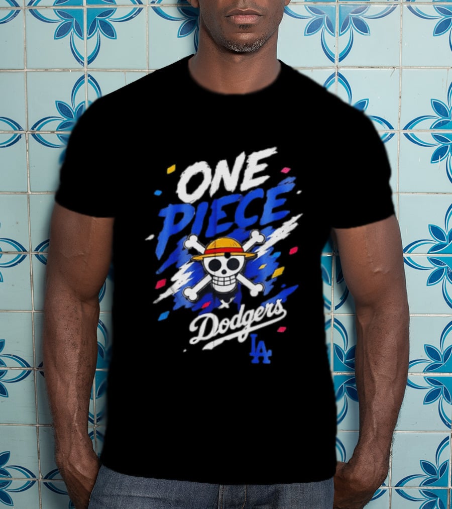 One Piece Dodgers LA Crossover With Jolly Roger And Straw Hat T-Shirt