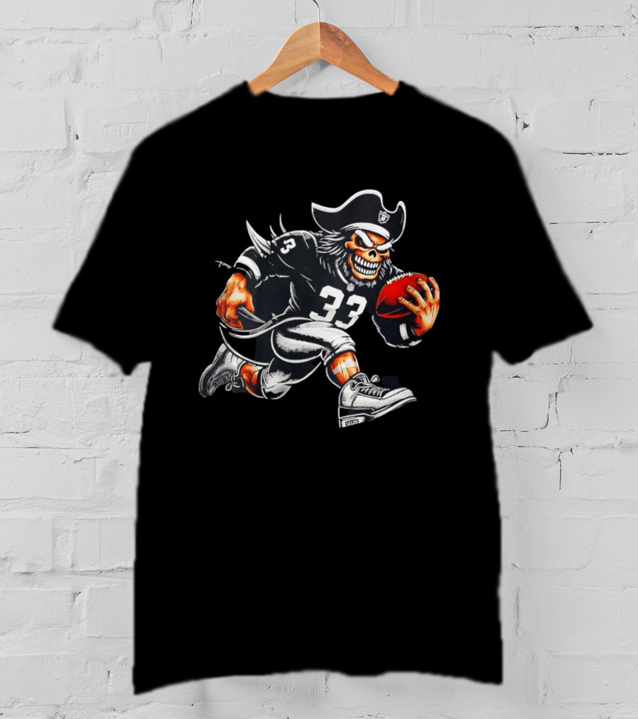 Raiders Skeleton Pirate Running With Football Number 33 T-Shirt