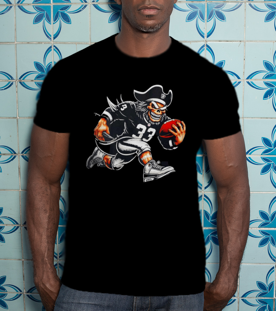 Raiders Skeleton Pirate Running With Football Number 33 T-Shirt