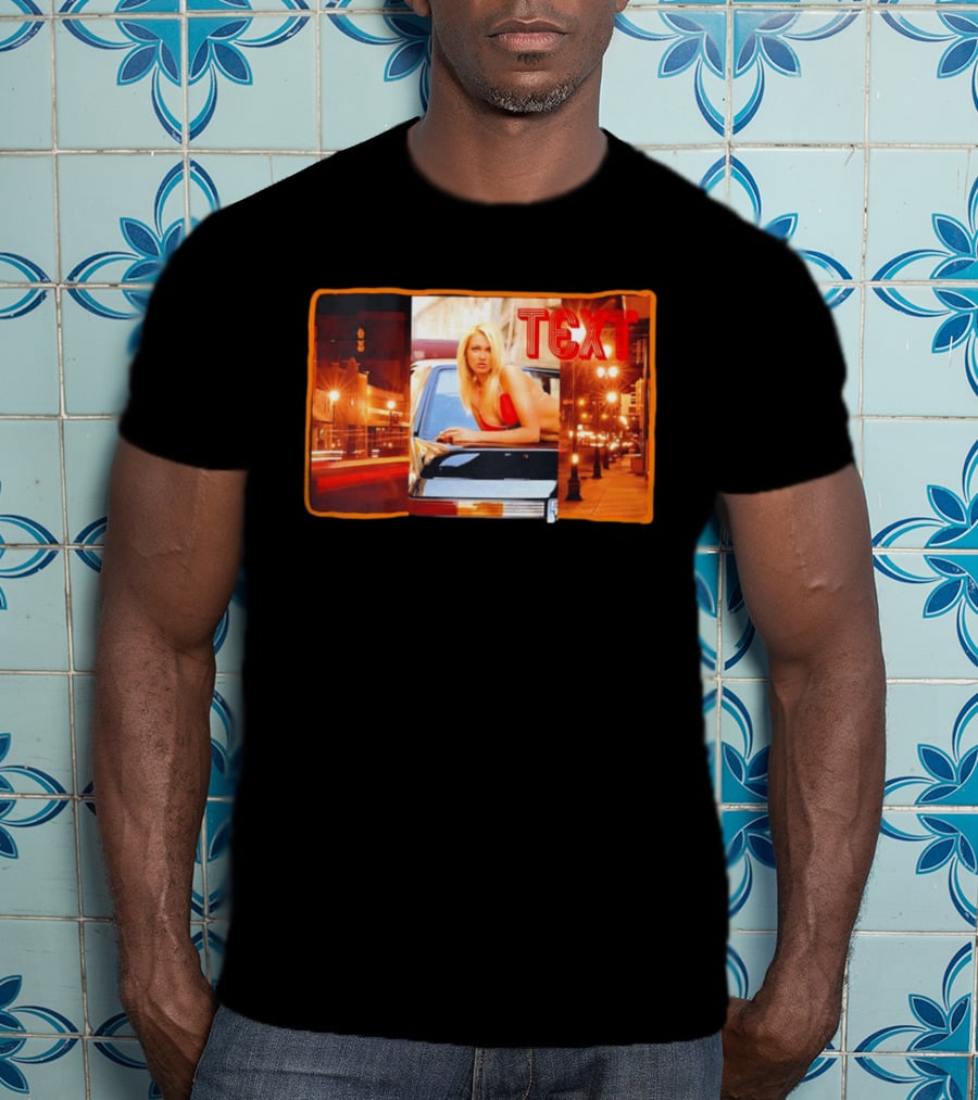 Blonde Woman In Red Bikini Leaning On Car At Night With Neon City Lights T-Shirt