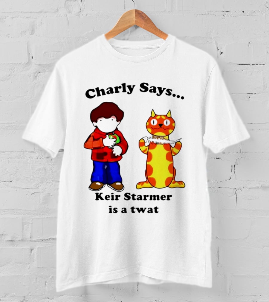 Charly Says Keir Starmer Is A Twat Comic Retro Style Cat And Kid T-Shirt