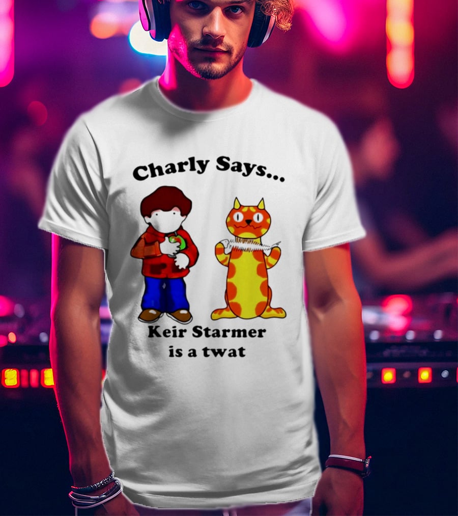 Charly Says Keir Starmer Is A Twat Comic Retro Style Cat And Kid T-Shirt