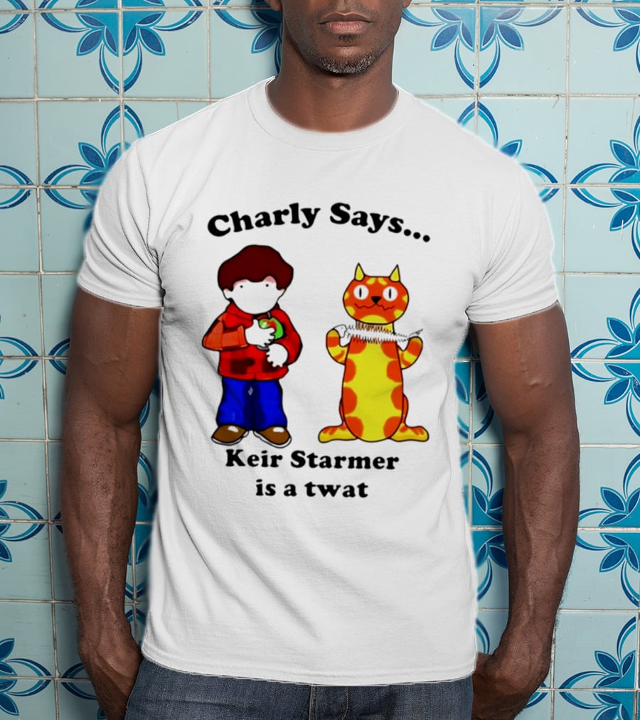 Charly Says Keir Starmer Is A Twat Comic Retro Style Cat And Kid T-Shirt