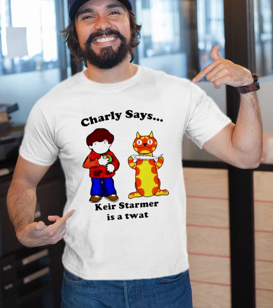 Charly Says Keir Starmer Is A Twat Comic Retro Style Cat And Kid T-Shirt