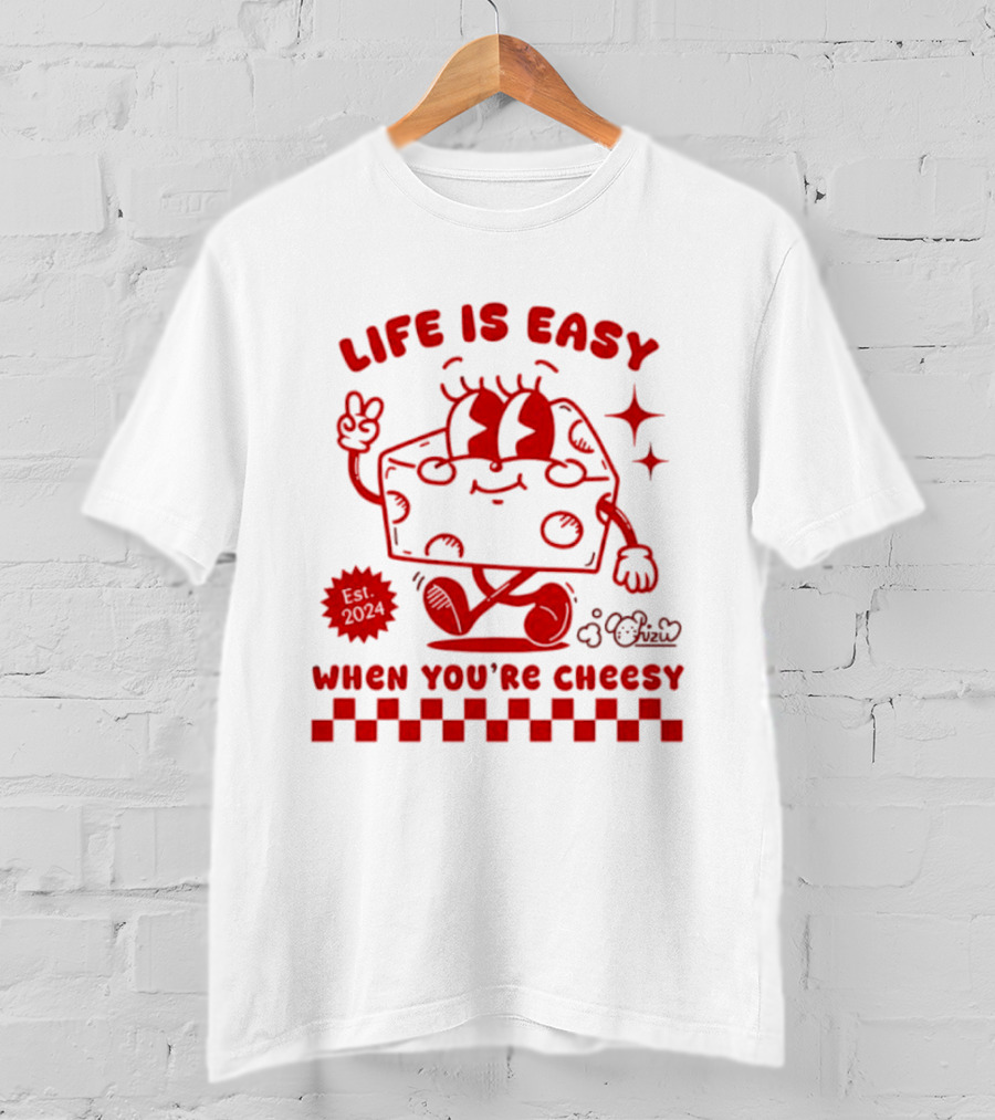 Life Is Easy When You're Cheesy Cartoon Cheese Character With Peace Sign And Stars T-Shirt