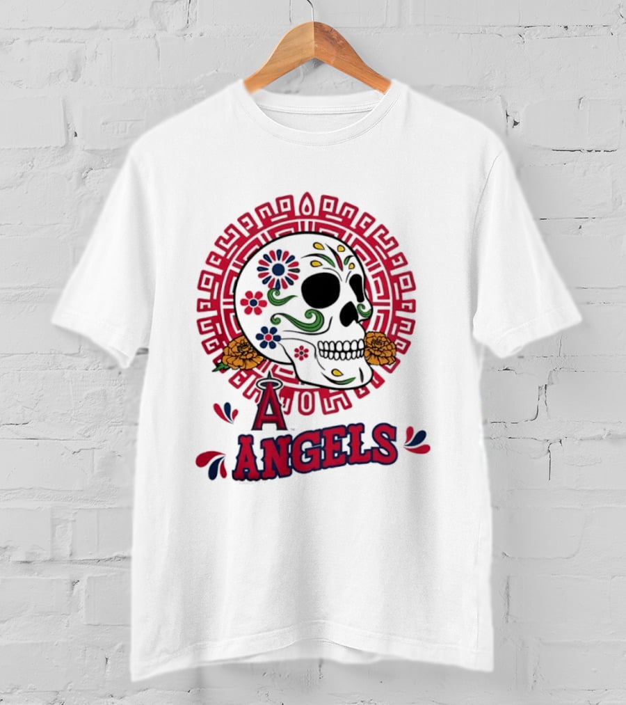 Los Angeles Angels Dia De Los Muertos Sugar Skull Aztec Calendar T-Shirt