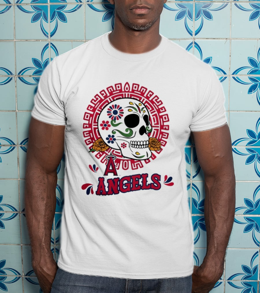 Los Angeles Angels Dia De Los Muertos Sugar Skull Aztec Calendar T-Shirt