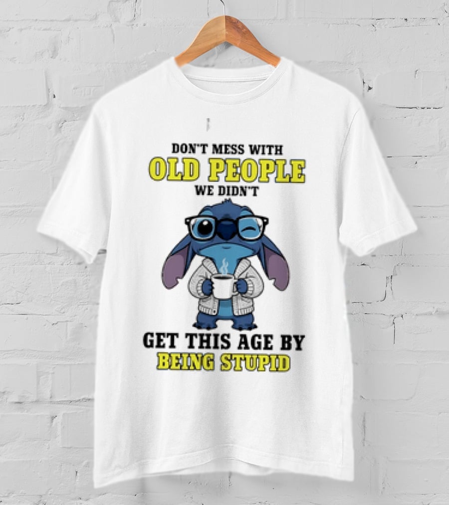 Stitch Don't Mess With Old People Winking Glasses Blue Character Image T-Shirt