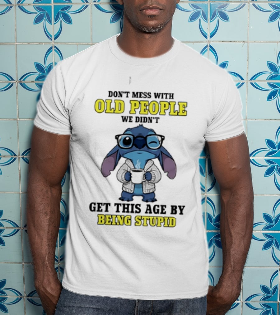 Stitch Don't Mess With Old People Winking Glasses Blue Character Image T-Shirt