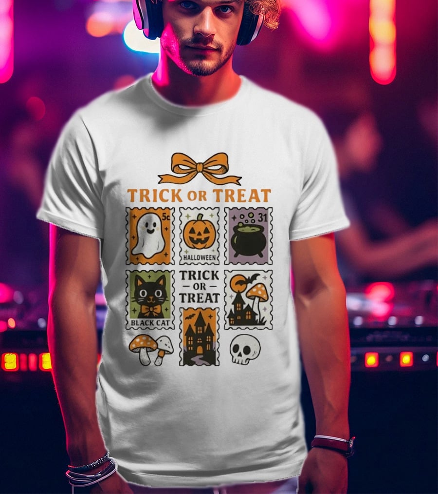 Trick Or Treat Halloween Ghost Pumpkin Cauldron Black Cat Haunted House T-Shirt