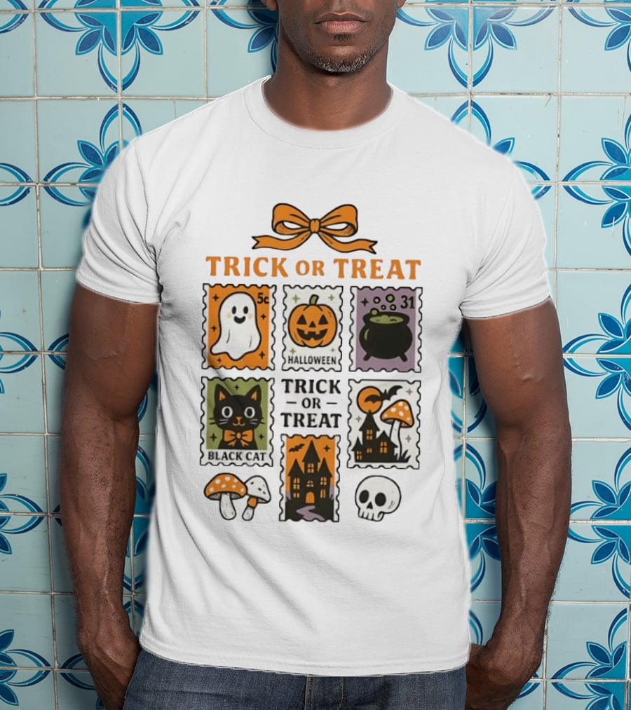 Trick Or Treat Halloween Ghost Pumpkin Cauldron Black Cat Haunted House T-Shirt