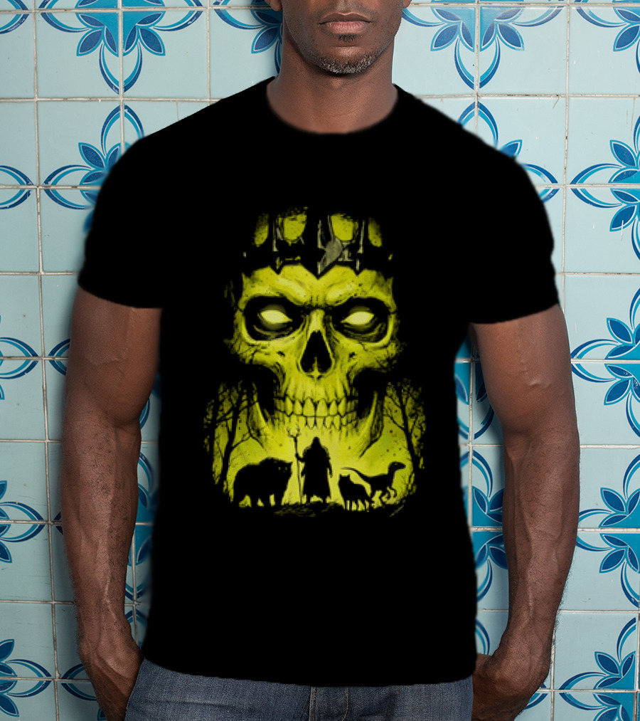 Lych Vs Druid Fantasy Dark Necromancer Skull T-Shirt