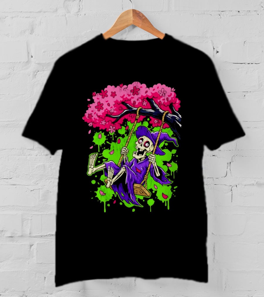 Morbid Whimsy Skeleton Witch Swinging Under Cherry Blossom Tree T-Shirt