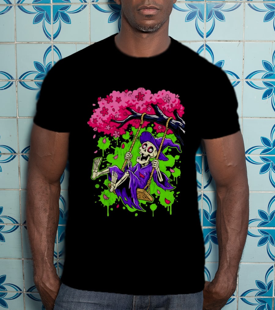Morbid Whimsy Skeleton Witch Swinging Under Cherry Blossom Tree T-Shirt