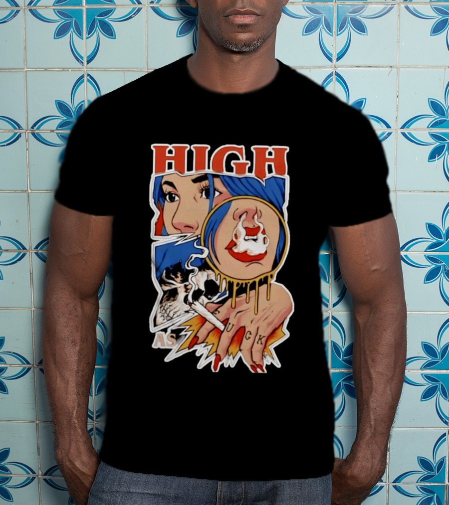 High As Fuck Smoking Skull Woman With Blue Hair And Tattooed Hand T-Shirt