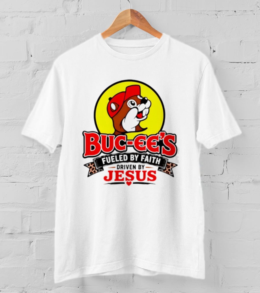 Buc Ee's Fueled By Faith Driven By Jesus Yellow Circle Red Cap T-Shirt