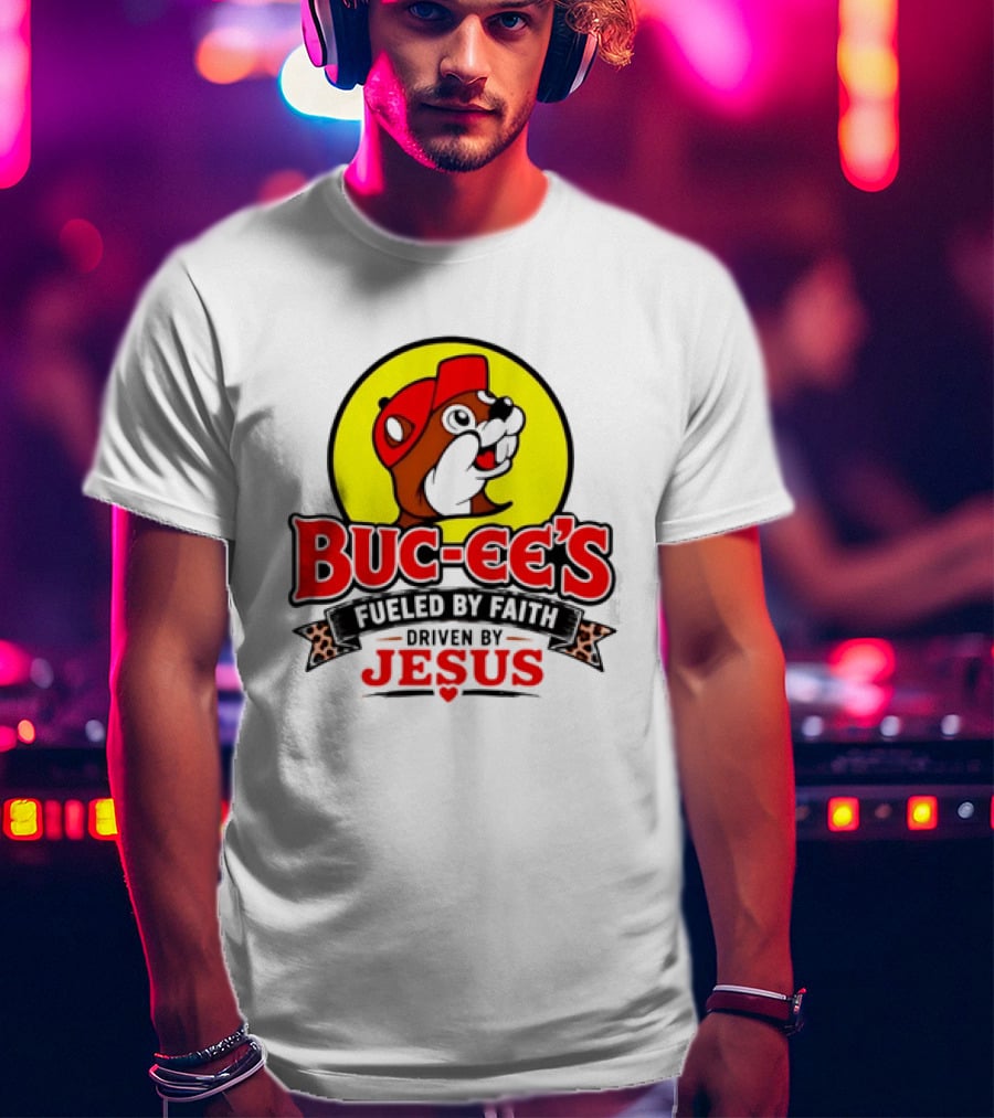 Buc Ee's Fueled By Faith Driven By Jesus Yellow Circle Red Cap T-Shirt