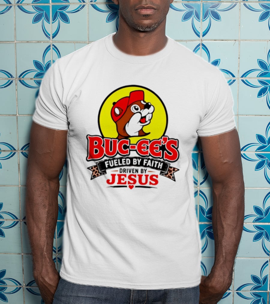 Buc Ee's Fueled By Faith Driven By Jesus Yellow Circle Red Cap T-Shirt