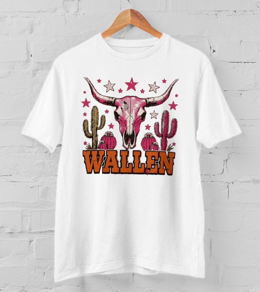 Wallen Pink Cow Skull Cactus Stars T-Shirt