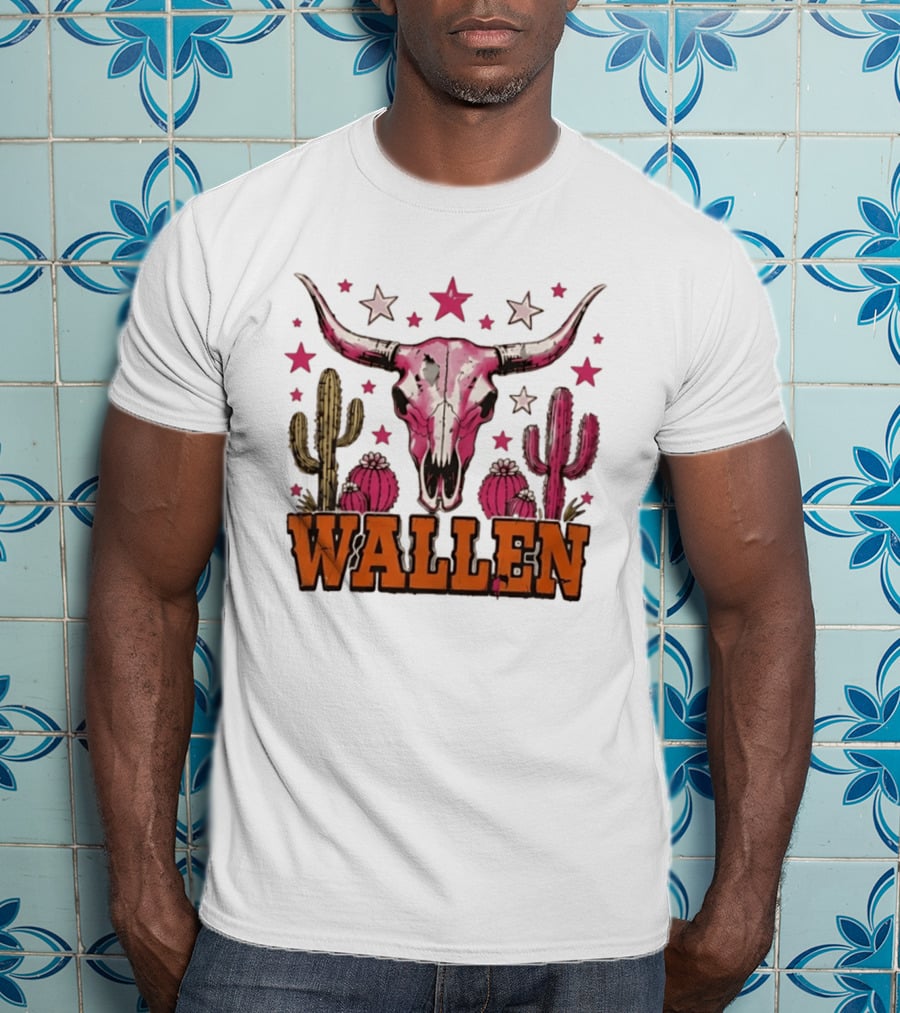 Wallen Pink Cow Skull Cactus Stars T-Shirt