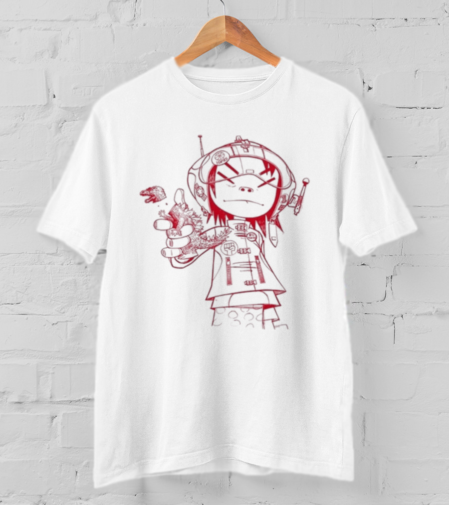 Gorillaz Noodle Line Drawing Red Sketch T-Shirt