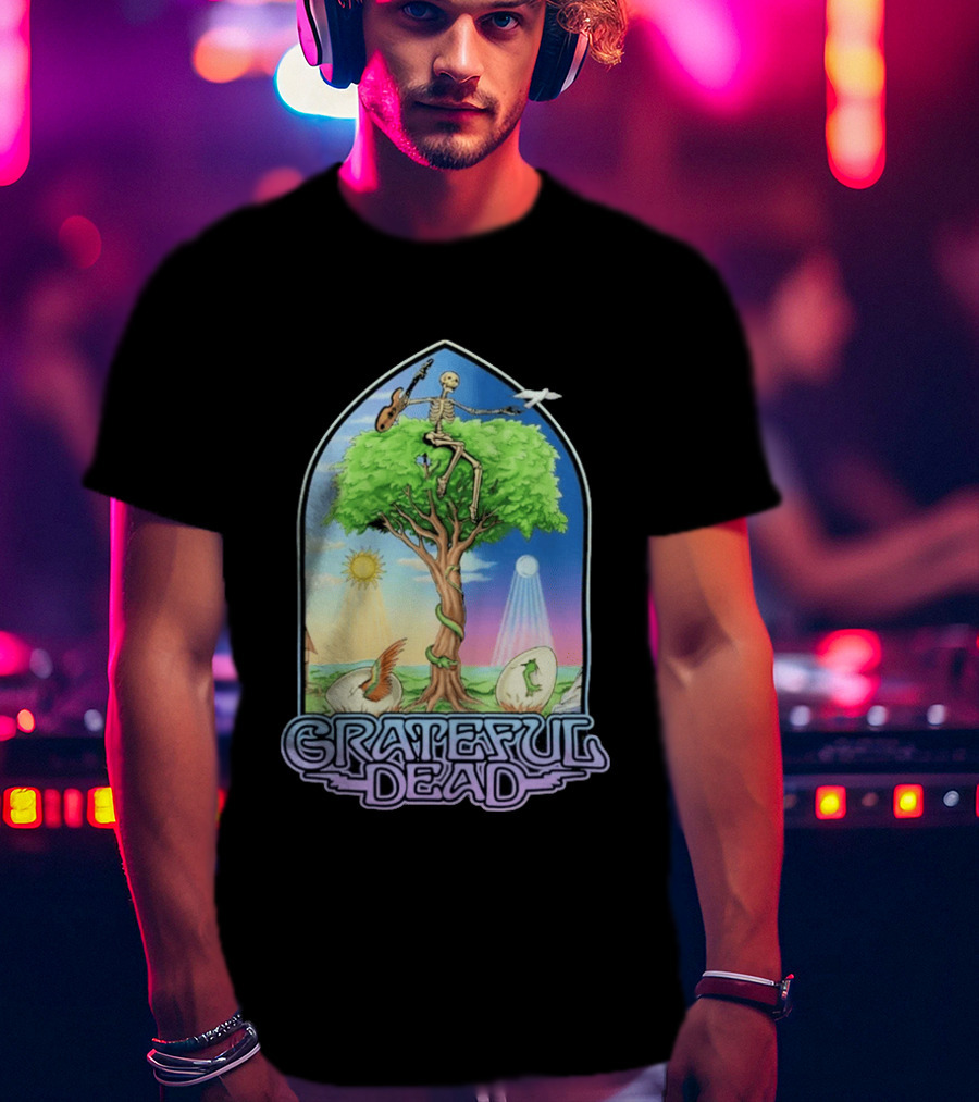 Grateful Dead Summer Magic Skeleton Guitar Tree Sunrise Sunset Fantasy T-Shirt