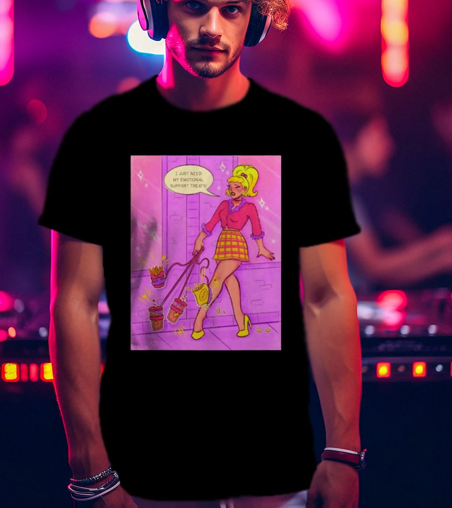 I Just Need My Emotional Support Treats Comic Style Girl With Drinks And Fries T-Shirt