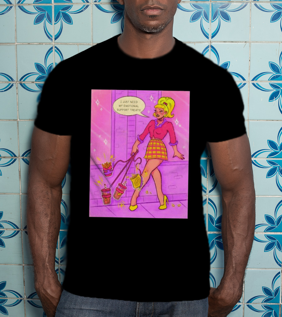 I Just Need My Emotional Support Treats Comic Style Girl With Drinks And Fries T-Shirt