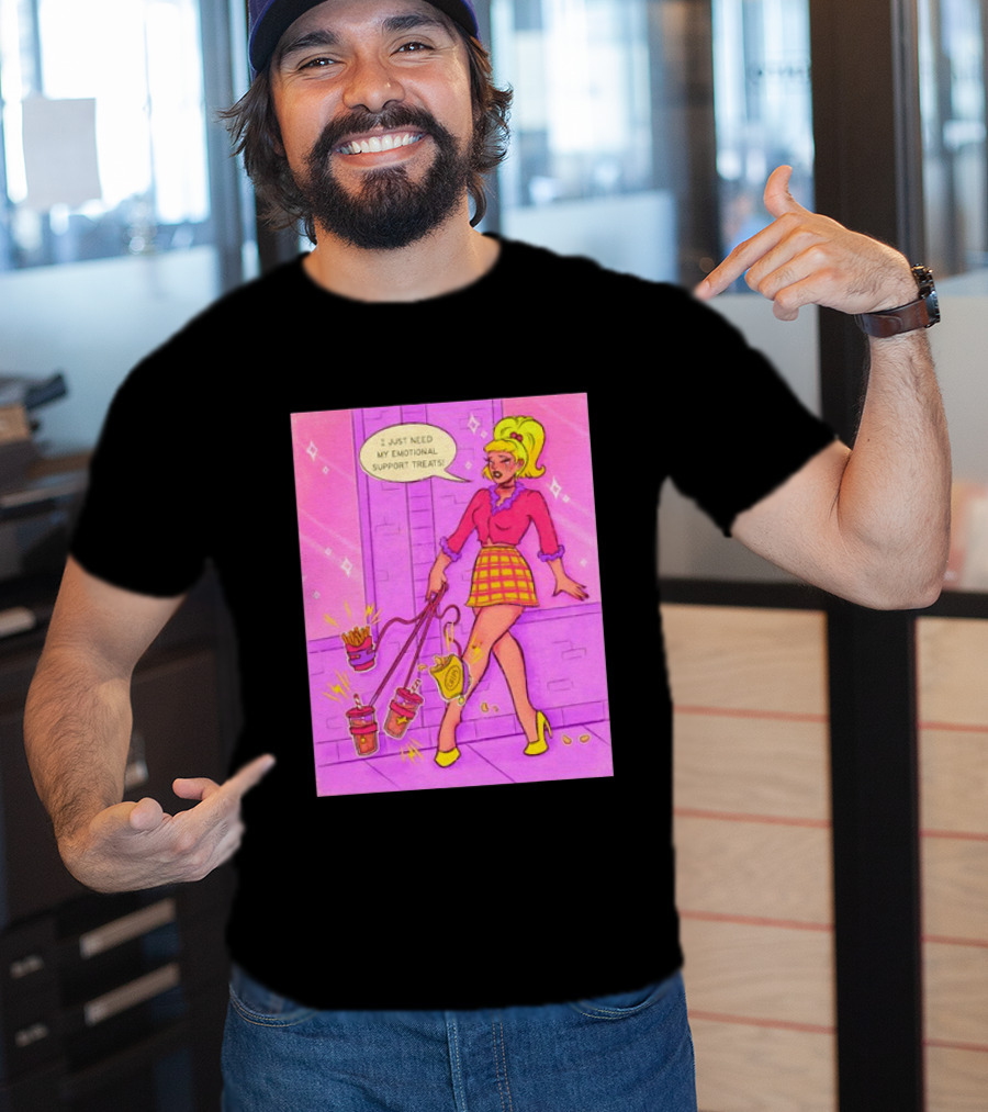 I Just Need My Emotional Support Treats Comic Style Girl With Drinks And Fries T-Shirt