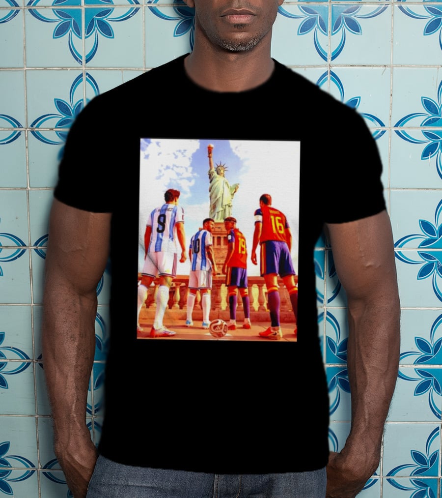 Lionel Messi J Alvarez Lamine Yamal Rodrigo Football Statue Of Liberty Argentina Spain Soccer T-Shirt