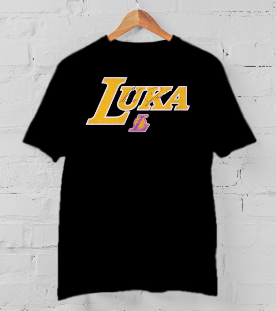 Luka Doncic Autograph Lakers Font Style With Los Angeles Basketball T-Shirt