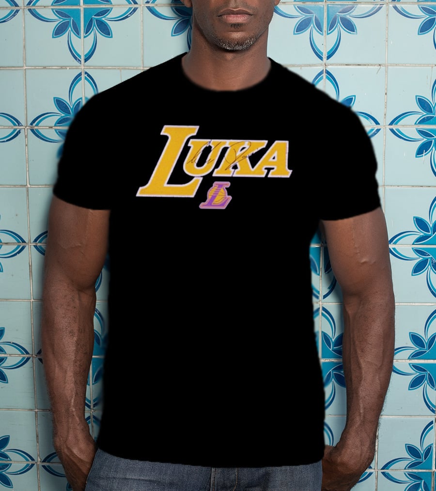 Luka Doncic Autograph Lakers Font Style With Los Angeles Basketball T-Shirt