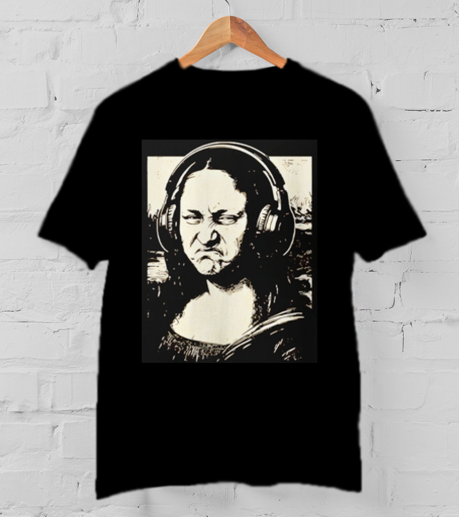 Mona Lisa Headphones Grumpy Expression Fusion T-Shirt