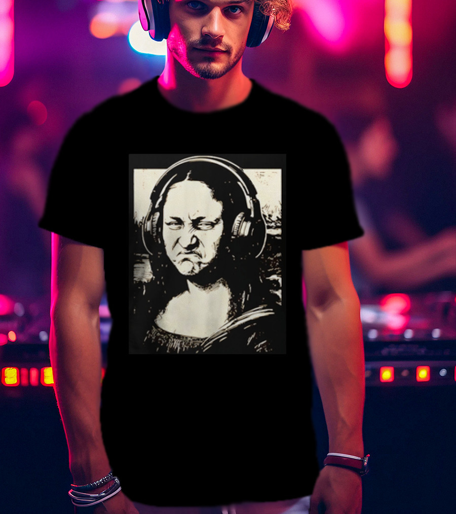 Mona Lisa Headphones Grumpy Expression Fusion T-Shirt