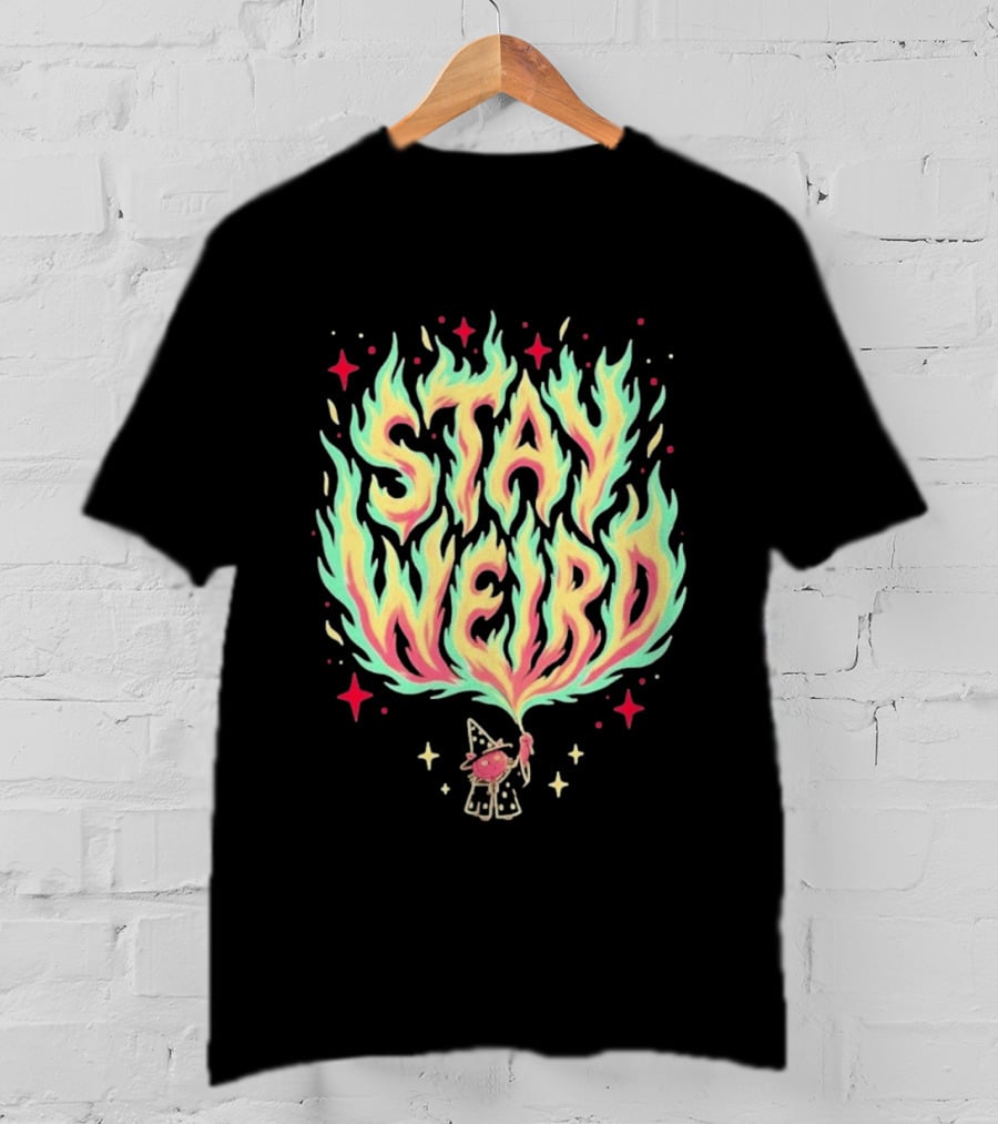 Stay Weird Magic Flames Wizard Cat Stars Cosmic T-Shirt
