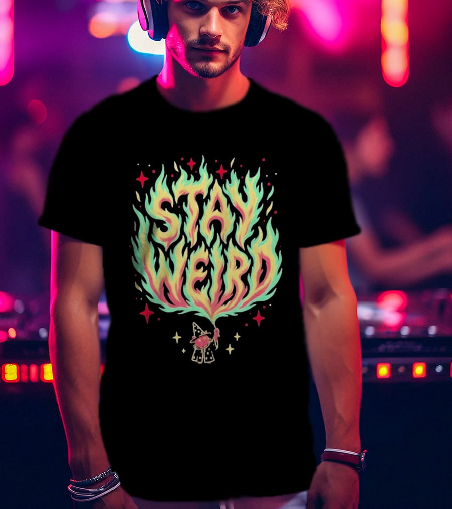 Stay Weird Magic Flames Wizard Cat Stars Cosmic T-Shirt