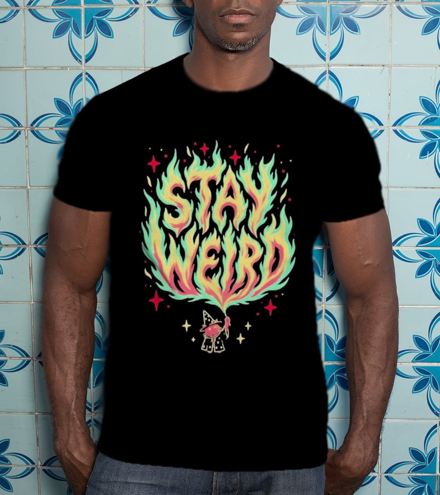 Stay Weird Magic Flames Wizard Cat Stars Cosmic T-Shirt